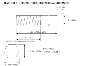 پیچ شش‌گوش ASME B18.2.1 گرید A سایز 7/16 × 3-1/2 اینچ، رزوه UNC 14 TPI، گالوانیزه گرم - Schematic view