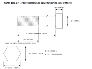 پیچ شش‌گوش ASME B18.2.1 گرید A سایز 1-3/8 × 6 اینچ، رزوه 8UN 8 TPI، گالوانیزه گرم - Schematic view